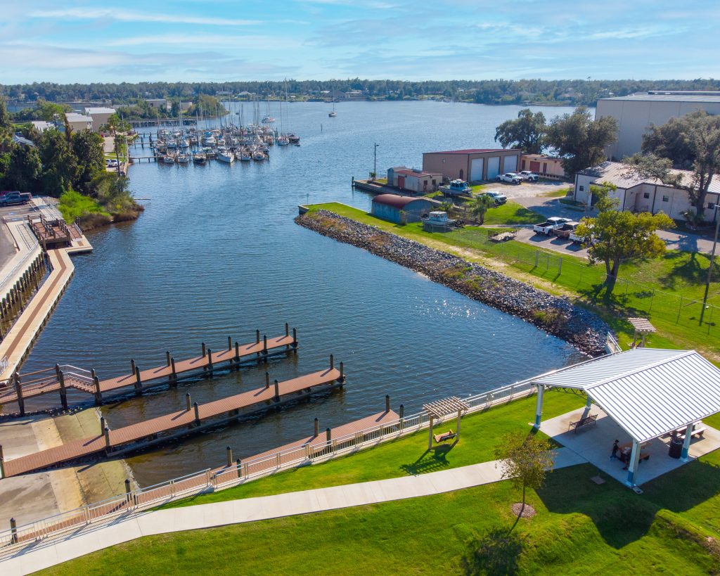 Aerial view of Snug Harbor boat launch in Millville, a hidden relaxing spot in Panama City for water lovers.