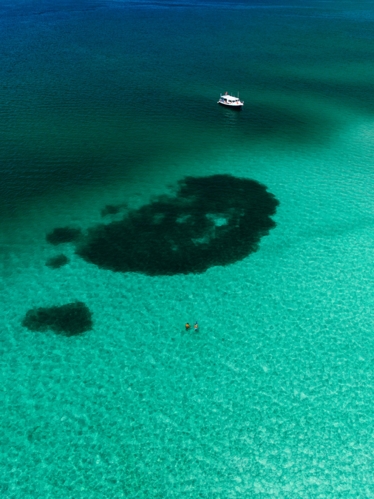 Best Diving in Florida: Planning a Dive Trip in Panama City 5 Aerial view of boat above shallow reef area with snorkelers, showcasing clear conditions for diving in Florida