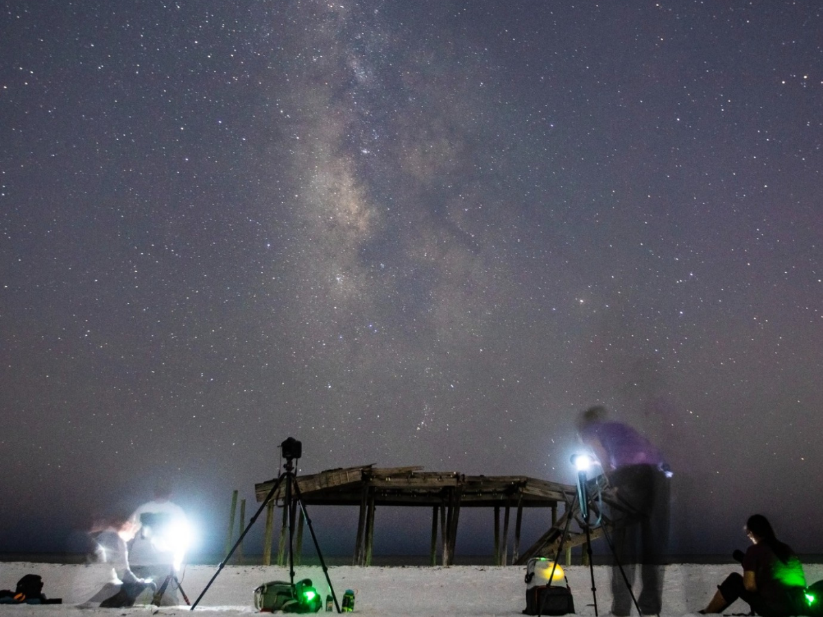 Photographers capturing the Milky Way over Shell Island beach, a night sky photography skillcation experience in Florida with The Light Room