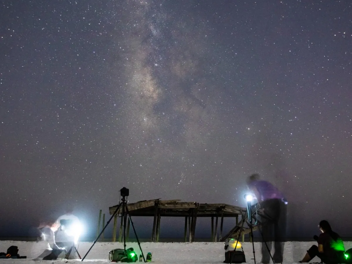 Photographers capturing the Milky Way over Shell Island beach, a night sky photography skillcation experience in Florida with The Light Room