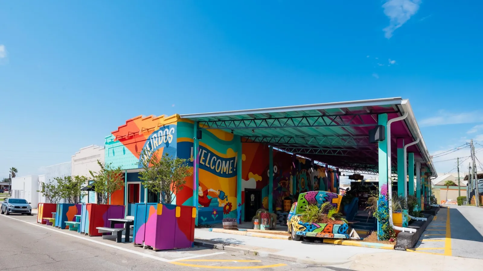 Colorful exterior of El Weirdo restaurant featured on a Labor Day itinerary in Panama City, Florida